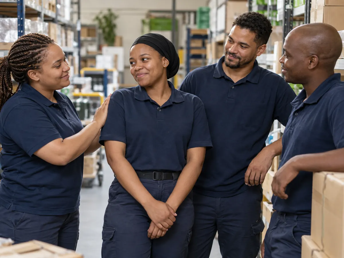 A small workplace team acknowledging a colleague’s contribution